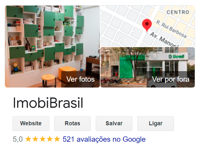 Google Meu Negócio do ImobiBrasil, ImobiBrasil tem nota 5 com 521 avaliações no total.