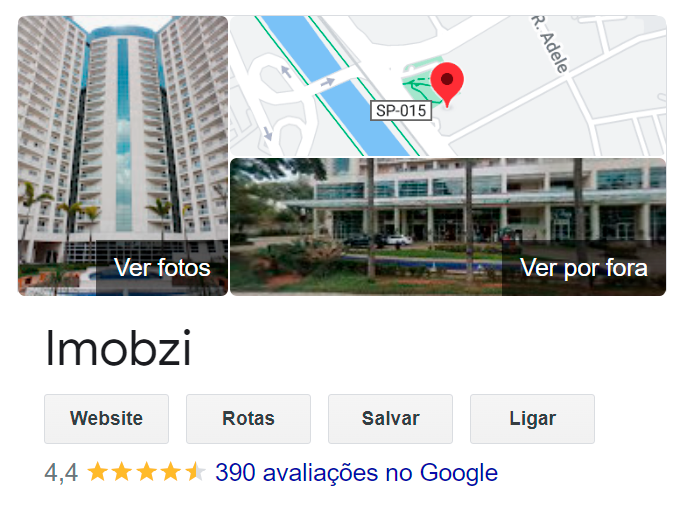 Google Meu Negócio do Imobzi, Imobzitem nota 4,4 com 390 avaliações no total.