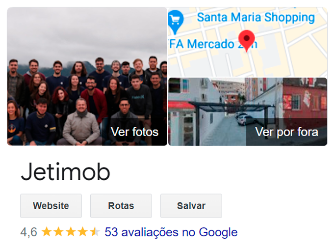 Google Meu Negócio do Jetimob, Jetimob tem nota 4,6 com 53 avaliações no total.