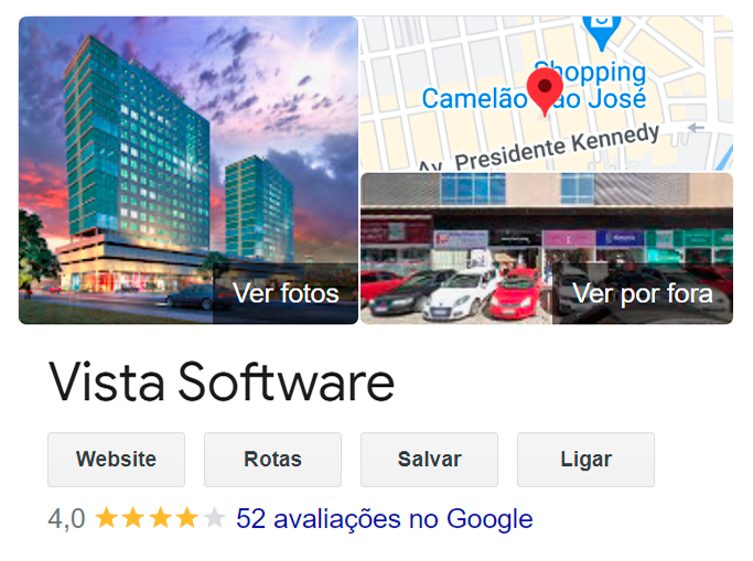 Google Meu Negócio do Vista Software, Vista Software tem nota 4 com 52 avaliações no total.